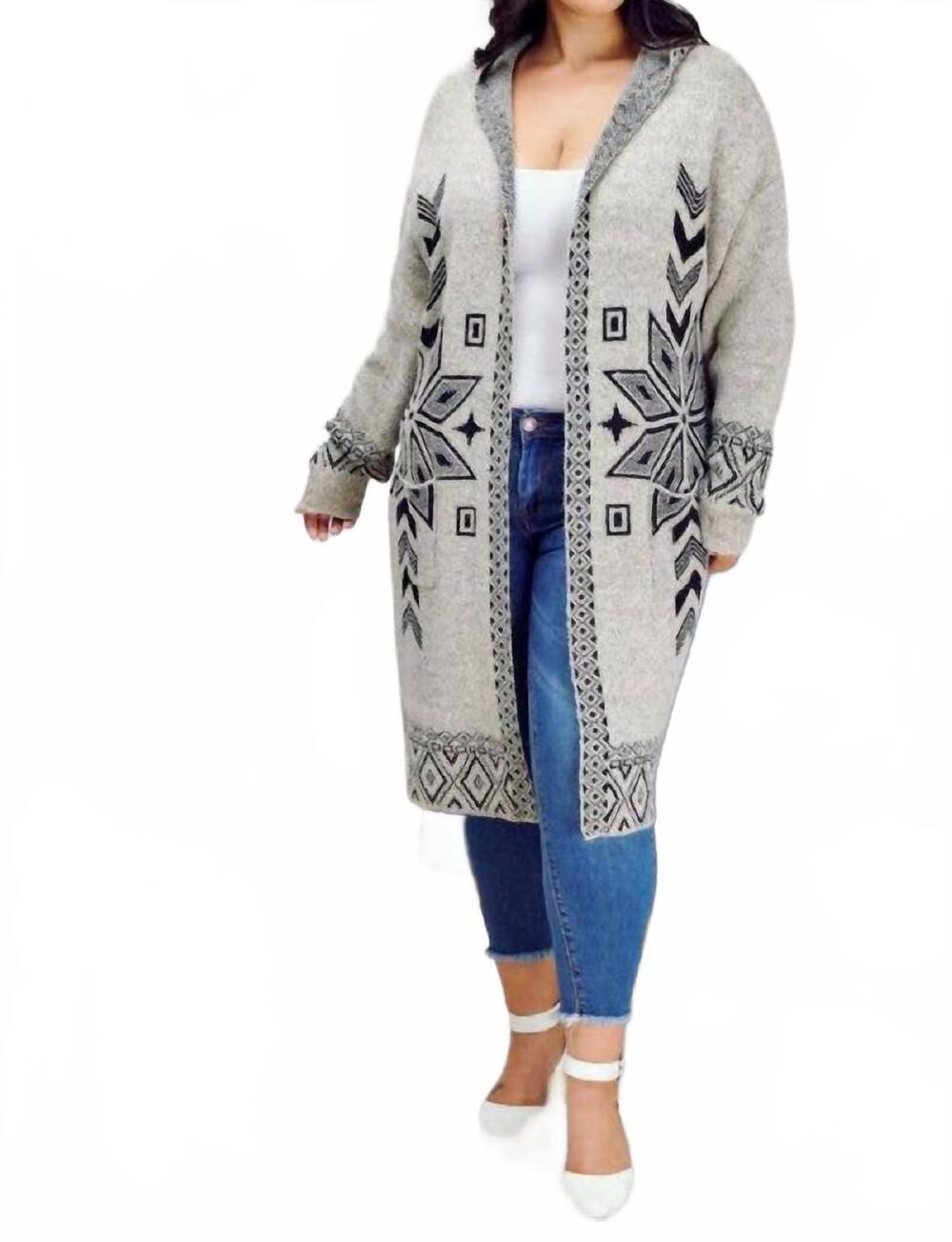 NEW DAVI & DANI snow printed long sleeve pockets cardigan - plus in grey
